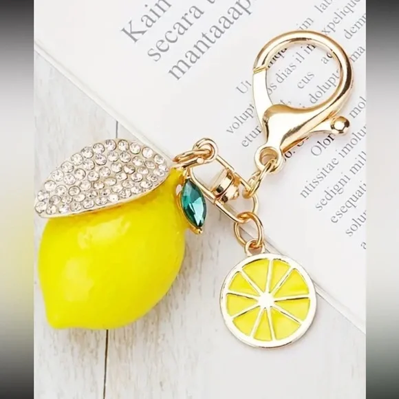 Alloy Lemon Keychain with Rhinestone Accents, Decorative Fruit - Picture 3 of 7